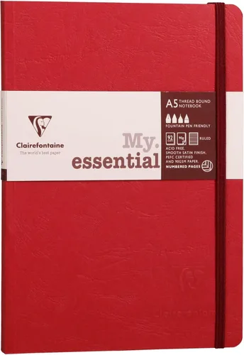 Clairefontaine 793432C Collection Age Bag One Stitched My.Essential Cuaderno elástico bordado rojo - A5 5.8x8.3 in - 192 páginas numeradas DOT -
