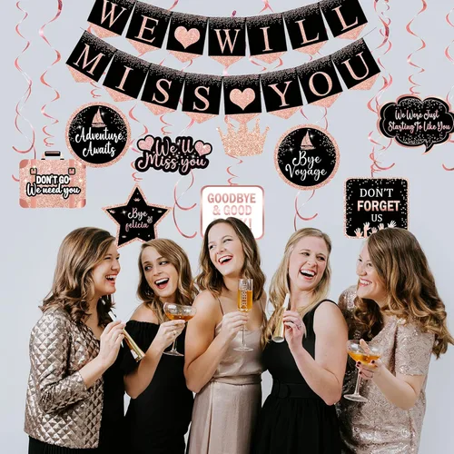 Miniatura 6 de Kit de suministros de decoración de fiesta de despedida de oro rosa, pancarta con texto en inglés "Will Miss You", decoración de remolinos colgantes