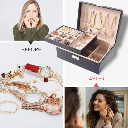 Miniatura 4 de YEEKEN Joyero organizador para mujeres y niñas, 2 capas grandes con cerradura, regalo ideal de piel sintética con bandeja extraíble para collares