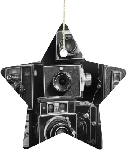 Retro Cool Camera Collection Star Ornaments for Christmas Tree Ceramic Pentagram Pendant Lightweight Xmas Star Shaped Decor with Rope for Holiday