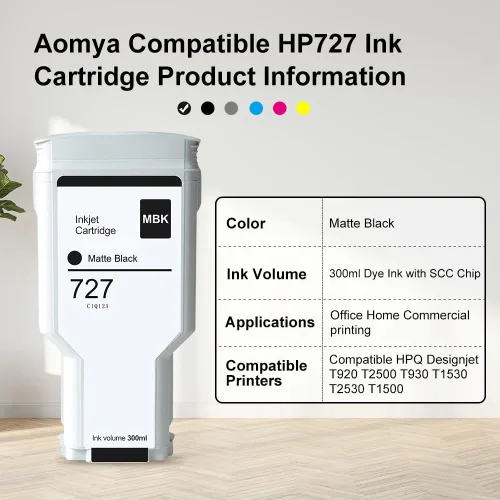 Miniatura 2 de Aomya Compatible HP727MBK HP727 Cartucho de tinta negro mate 10.5 fl oz para impresoras HP DesignJet T920 T930 T1500 T1530 T2500 T2530 (C1Q12A)