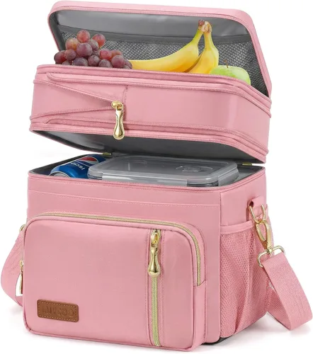 MIYCOO – Lonchera y Caja de Almuerzo para Mujeres y Hombres de Doble Nivel - Lonchera Aislada a Prueba de Fugas, Suave, Grande, Lonchera en 4 - Rosa