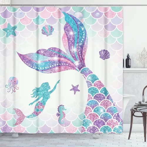 Miniatura 10 de Emvency Cortina de ducha para niños, diseño de unicornio azul arcoíris, rosa, flecha, hermosa tela de poliéster impermeable, 72 x 72 pulgadas, juego