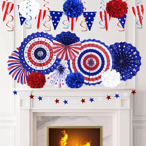 Miniatura 3 de Juego de decoraciones patrióticas del 4 de julio: suministros de fiesta con la bandera estadounidense del 4 de julio, abanicos de papel rojo, blanco