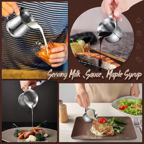 Miniatura 7 de Potchen Paquete de 6 cremas de campana de acero inoxidable de 3 onzas, mini jarras de leche para café con mango y tazas de boquilla para servir