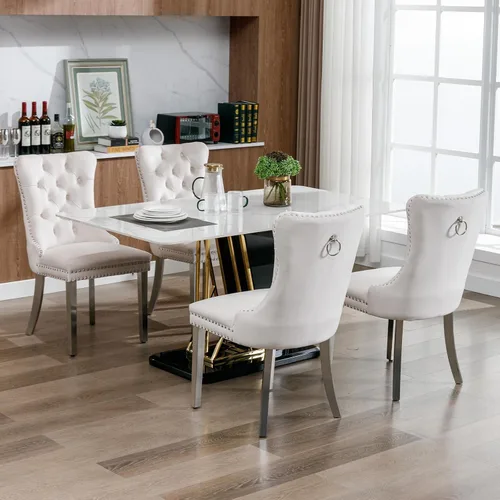 Miniatura 2 de Juego de 2 Sillas de Comedor Modernas de Mediados de Siglo, Tapizadas en Terciopelo Beige con Respaldo Acolchado, Sillas de Cocina y Comedor, Patas