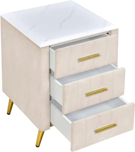 Miniatura 5 de Mesita de noche de terciopelo SOFTSEA con 3 cajones, mesita de noche tapizada con tapa de mármol sintético, mueble de mesa auxiliar, mesita de noche