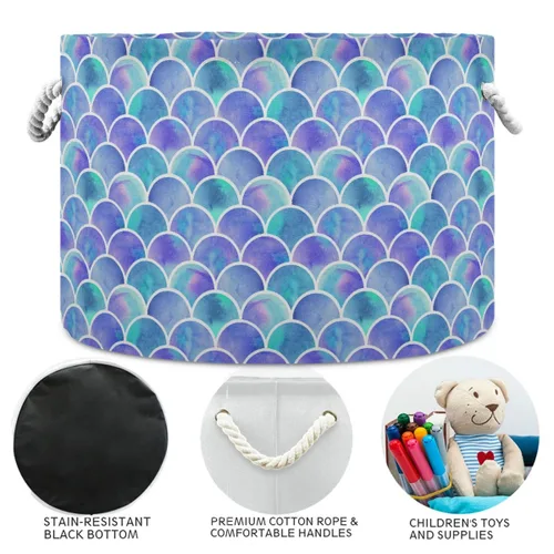 Miniatura 2 de Cesta de almacenamiento redonda grande – Organizador de lona con revestimiento de lona de sirena colorida, contenedor de almacenamiento de juguetes