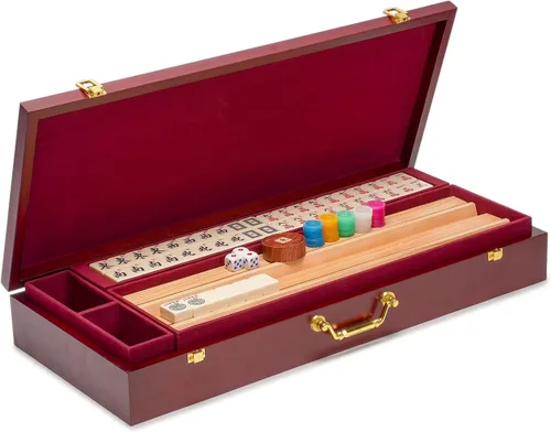 Miniatura 4 de Juegos de Mahjong Americano de Yellow Mountain Imports - Clásico de Lujo con Estuche de Madera, Estantes de Empuje de Madera, Indicador de Viento