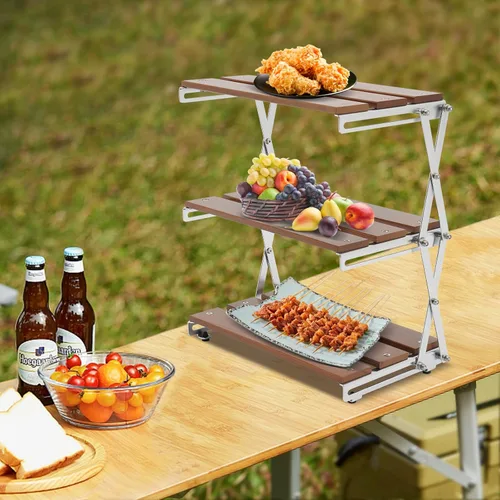 Miniatura 3 de Soporte de parrilla de 3 niveles para exteriores, mesa de picnic de madera portátil, mesa de trabajo exterior ligera, parrilla de patio trasero