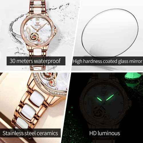 Miniatura 6 de OLEVS Relojes para mujer, de cuerda automática, oro rosa, diamante, reloj de pulsera mecánico automático, acero inoxidable, dos tonos, pulsera