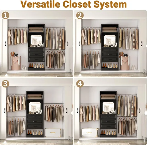 Miniatura 4 de Unikito Sistema de armario de 8 pies con espejo, kit organizador de armario de 96 pulgadas con cajones y 3 varillas extensibles para colgar