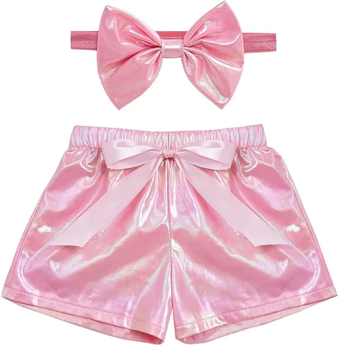 ZYBOUTIC Pantalones cortos metálicos para niñas pequeñas, pantalones cortos brillantes de piel sintética de poliuretano, cintura elástica con