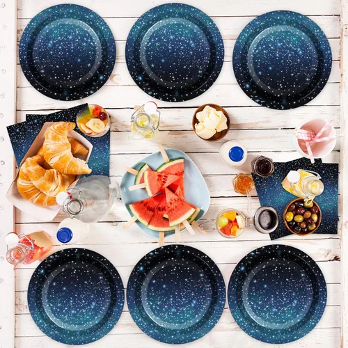 Miniatura 7 de Galaxy Party Supplies sirve 24 platos de papel para fiesta de noche estrellada, servilletas, temática espacial, juego de vajilla para niños, fiesta