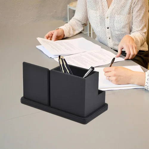 Miniatura 4 de Organizador de escritorio de piel sintética para bolígrafos/lápices, caja de almacenamiento multifunción para teléfono celular/control remoto con 3