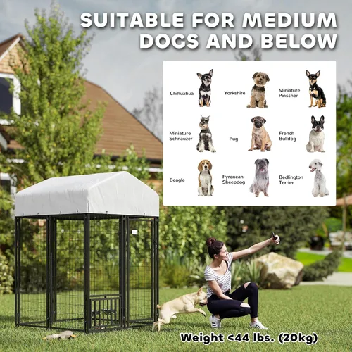 Miniatura 9 de PawHut Jaula de 4' x 4' x 6' para perros al aire libre, Jaula de alambre soldado para perros con rotación de 360° y cuencos ajustables de 4 niveles