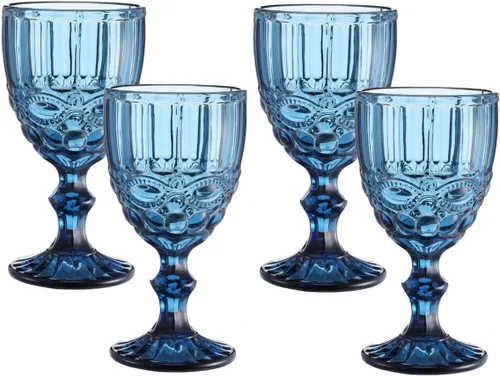 Juego de 4 copas de vino vintage, copas de vino de colores de 10 onzas, cristalería para beber agua con patrón en relieve para bodas, fiestas, Azul