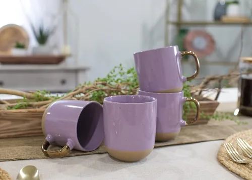 Miniatura 6 de Elanze Designs Speckled - Juego de 4 tazas de cerámica de 16 onzas con mango metálico, color morado Púrpura