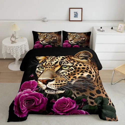 Miniatura 28 de Erosebridal Juego de ropa de cama de guepardo con rosa azul, juego de edredón con estampado de leopardo y gato, edredón romántico de plumón