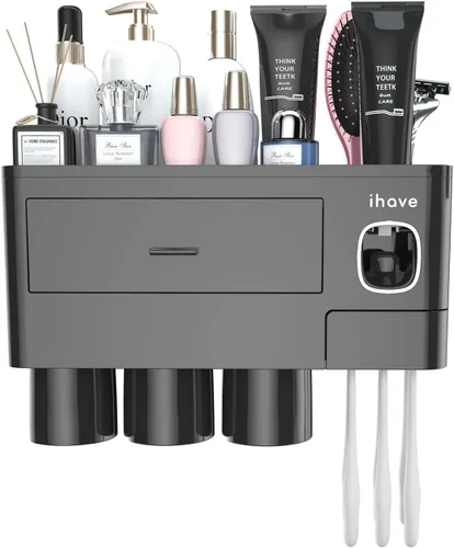 Miniatura 3 de iHave Portacepillos de dientes para baños, 3 tazas, soporte para cepillos de dientes montado en la pared con dispensador de pasta de dientes, Negro