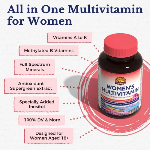 Miniatura 3 de Vitalitown Multivitamínico para mujer, multivitaminas metiladas y multiminerales, vitaminas A-K, hierro, zinc, superverdes y más, bienestar