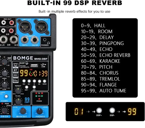 Miniatura 3 de BOMGE Consola mezcladora de sonido mini DJ Audio de 6 canales con interfaz USB, Bluetooth, grabación estéreo, alimentación fantasma de 48V, 99