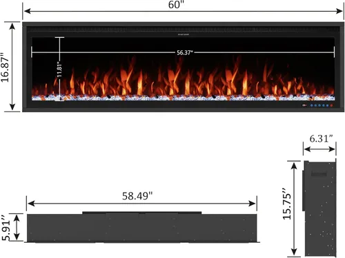 Miniatura 2 de Calentador eléctrico inteligente de 60 pulgadas de ancho, chimenea de imitación empotrada y montada en la pared con control remoto y aplicación, 13