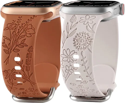 Correa de silicona grabada con flores compatible con correas de Apple Watch de 1.496 pulgadas, 1.575 pulgadas, 1.614 pulgadas, bonita correa Marrón
