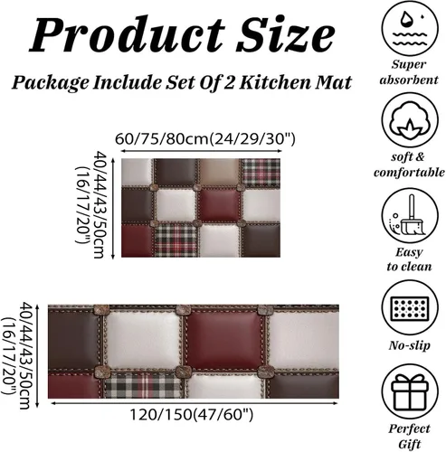 Miniatura 2 de Reddish Brown Kitchen Rugs, 3D Leather Patchwork Non Skid Washable Comfort Mats for Floor, Anti Fatigue Kitchen Cushioned Runner Rug Retro Plaid