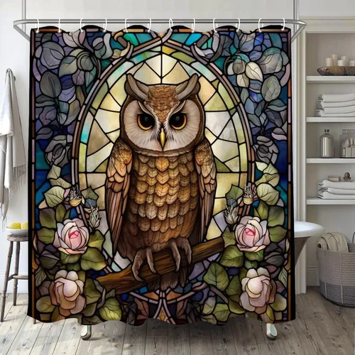 Miniatura 9 de YLATY4413 - Cortina de ducha de mapache para baño, diseño de hojas de flores, arte de cristal, bohemio, tela abstracta, moderna, impermeable