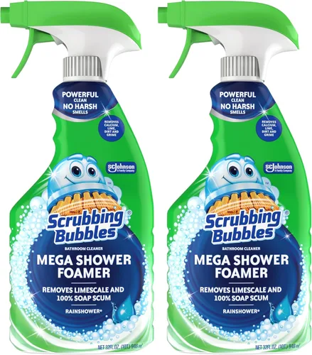 Miniatura 10 de Scrubbing Bubbles Mega Limpiador de Baño y Ducha en Spray, Acción Espumosa Elimina el Sarro y la Suciedad, Aroma a Lluvia, 32 onzas