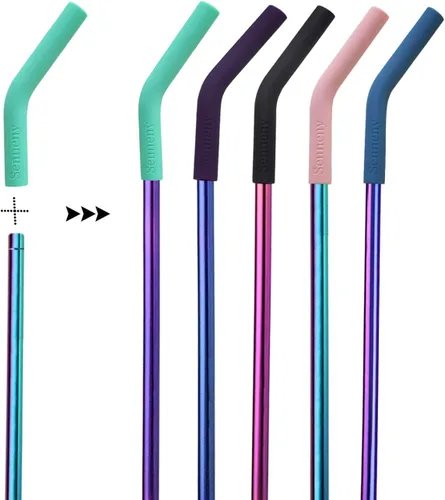 Miniatura 2 de Senneny Juego de 5 popotes de acero inoxidable con puntas flexibles de silicona con cobertor de codos, incluye 2 cepillos de limpieza y 1 bolsa