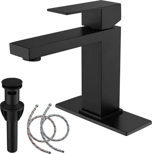 Grifo negro para baño, grifo de baño negro mate de acero inoxidable con un solo orificio con drenaje emergente, grifo de una sola manija AML-1141-BK