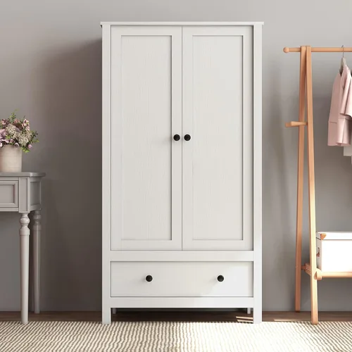 Panana Armario de 2 puertas, armario con cajón para dormitorio (blanco)