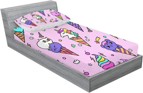 Juego de sábanas bajeras de helado 3D de unicornio, gato, postre colorido para niños y niñas, juego de ropa de cama individual XL, 1 sábana bajera