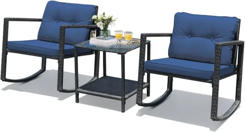 Miniatura 9 de HAPPYGRILL Juego de 3 sillas mecedoras para patio al aire libre con mesa auxiliar, muebles de mimbre de ratán, juego de conversación para jardín