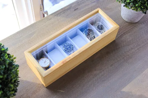 Miniatura 5 de Case Elegance caja organizadora de relojes de madera sólida con visualización superior de vidrio Madera clara