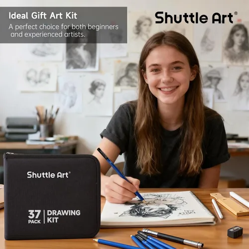 Miniatura 7 de Shuttle Art Juego de lápices de dibujo y dibujo, 37 lápices de bocetos profesionales en estuche de transporte con cremallera, kit de dibujo