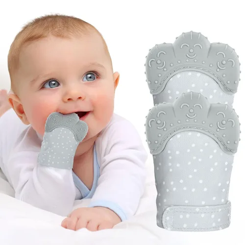 Miniatura 9 de Vicloon Paquete de 2 Manoplas de Dentición de Silicona, Manopla Calmante para la Dentición Infantil Alivio del Dolor, Guante Previene Arañazos, Azul