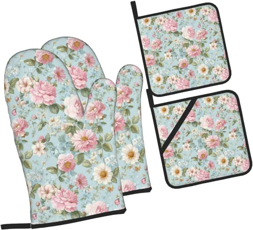 Miniatura 31 de Manoplas de horno y soportes para ollas, arte de mármol blanco y dorado, juego de 4 guantes de cocina resistentes al calor, antideslizantes