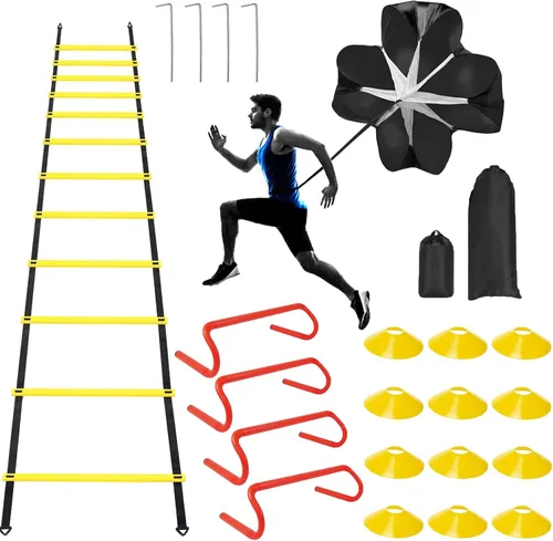 YEXEXINM Escalera de agilidad profesional de entrenamiento de velocidad, escalera de agilidad de 20 pies, 12 conos de fútbol, 4 obstáculos de