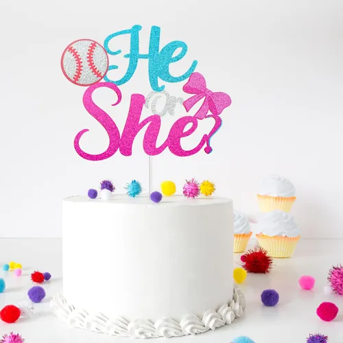 Miniatura 7 de Él or She Gender Reveal Cake Topper - Decoración para pastel de béisbol o lazos para niño o niña, suministros de anuncio de embarazo azul o rosa