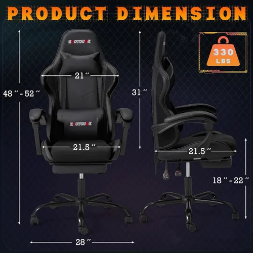 Miniatura 3 de ECOTOUGE Silla ergonómica para videojuegos, silla de videojuegos con cojín trasero extraíble, silla de jugador con almohada lumbar de masaje