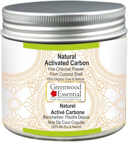 Greenwood Essential Carbón activado natural en polvo de carbón fino de cáscara de coco 100% orgánico, puro y natural, 100 gm (3.5 oz)