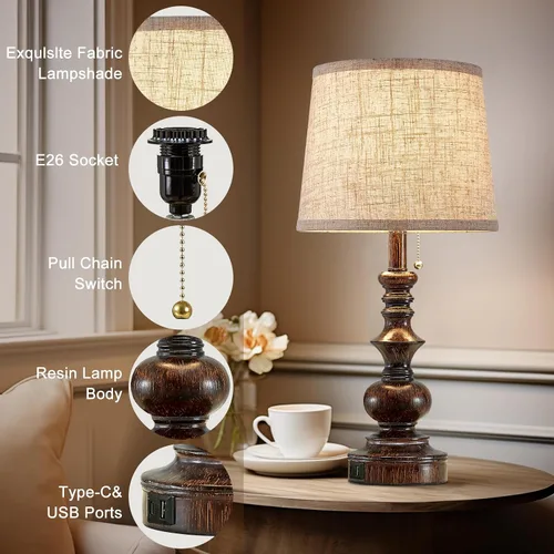 Miniatura 7 de Drawealth Juego de 2 lámparas de mesita de noche de granja de 22 pulgadas para dormitorio, lámparas de mesita de noche con puertos de carga USB A+C