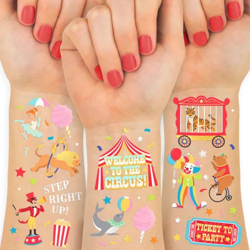 xo, Fetti Tatuajes temporales para fiesta de circo – 42 estilos de lámina dorada y plateada | Suministros para fiesta de cumpleaños de circo,