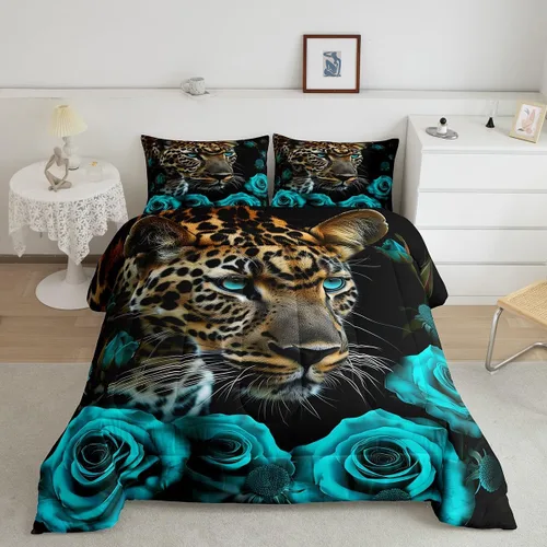 Miniatura 14 de Erosebridal Juego de ropa de cama de guepardo con rosa azul, juego de edredón con estampado de leopardo y gato, edredón romántico de plumón
