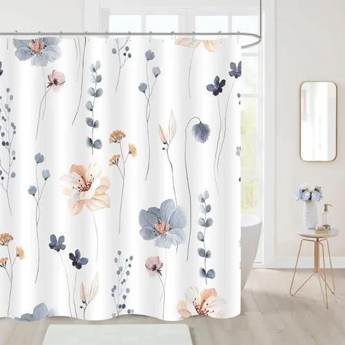 Miniatura 2 de Gibelle Cortina de ducha pequeña de 36 x 72 pulgadas, cortina de ducha estrecha de tela floral de media acuarela, juego de cortina de ducha Azul