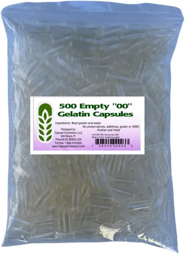Capsule Connection 500 cápsulas vacías de gelatina a granel hechas en Estados Unidos, bolsa resellable de 00 tamaños