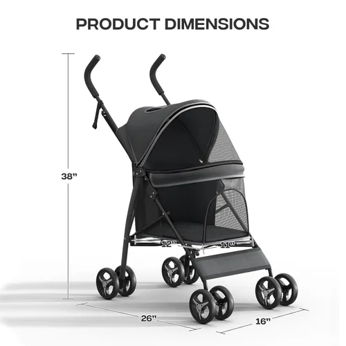 Miniatura 2 de Cochecito para mascotas para perros y gatos pequeños, 10-22 libras, almacenamiento trasero, negro